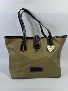 Dooney & Bourke Khaki Canvas Tote Brown Leather Trim Heart Charm Old Money